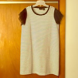 Navy blue and white striped shirt dress